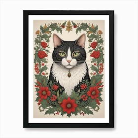 William Morris Style Christmas Cat (6) Art Print