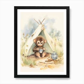 Monkey Painting Camping Watercolour 3 Art Print