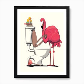 Flamingo trying to Use Toilet in Bathroom Art Print