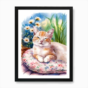 Watercolor Cat On A Pillow Art Print