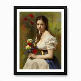 victorian lady beautiful woman female portrait with flowers in the forest Art Print