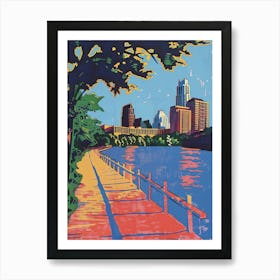 Lady Bird Lake And The Boardwalk Austin Texas Colourful Blockprint 2 Art Print