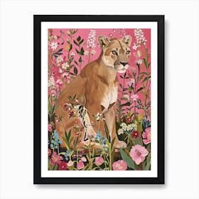 Floral Animal Painting Mountain Lion 1 Art Print