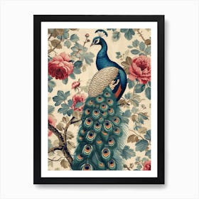 Cream Blue & Blush Pink Peacock Sepia Art Print