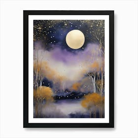 Cosmic Fall Night،
An ethereal boho painting that captures the beauty of a fall night sky. The background is a deep navy, speckled with tiny stars, while the foreground features silhouettes of autumn trees in shades of charcoal and dark olive. The moon is painted in a glowing silver, surrounded by soft wisps of mist in pale gold and lavender.
.15 Art Print