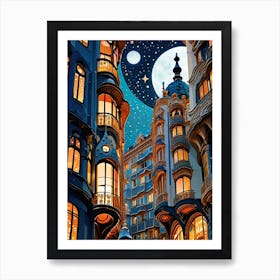 Gaudi City ~ Barcelona Imagined City ~ Spain Travel Adventure Visionary Wall Decor Futuristic Sci-Fi Trippy Surrealism Modern Digital Psychedelic Cubic Fantasy Art Full Moons Stars Mandala Spiritual Fractals Space DMT Vibrant Art Print