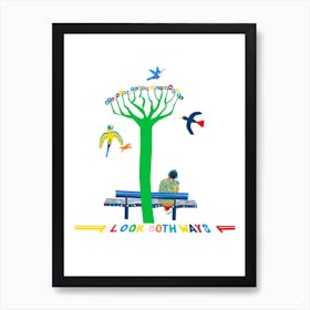 Man Sitting In A Park Watching The Parrots And Listening To Music Art Print