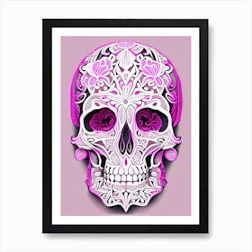 Skull With Mandala Patterns 1 Pink Line Drawing Art Print