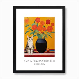 Cats & Flowers Collection Gerbera Daisy Flower Vase And A Cat, A Painting In The Style Of Matisse 1 Art Print