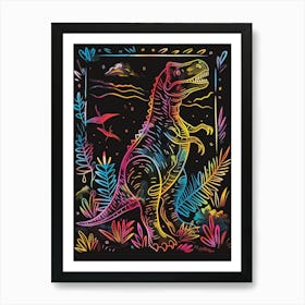 Neon Dinosaur Lines In The Leaves 3 Art Print