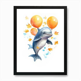 Dolphin Flying With Autumn Fall Pumpkins And Balloons Watercolour Nursery 2 Art Print