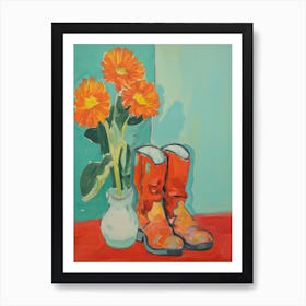 Painting Of Flowers And Cowboy Boots, Oil Style 1 Art Print