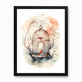 Snowy Bird Cage 2 Art Print