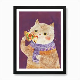 Brown Cat Pizza Lover Folk Illustration 1 Art Print