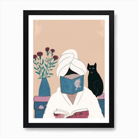 Girl Reading Books With A Black Cat Art Print