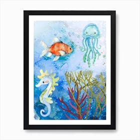 Comet Fish, Teal & Pale Green Seahorse, octopus, Coral,Seaweed watercolour Art Print