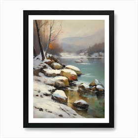 Ancient landscapes, old winter oil paintings and rocks around the lake bank. Snow is falling on the lake, old colors.10 1 Art Print