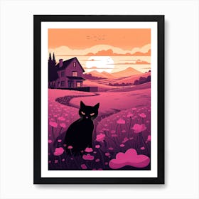 A Black Cat In A Lavender Field 3 Art Print