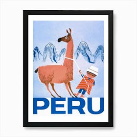 Llama and Boy, Peru Vintage Travel Poster Art Print