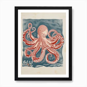 Red Octopus In The Ocean Linocut Inspired  6 Art Print