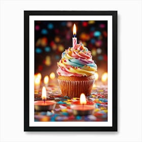 Cupcake Ablaze With Color Icing Swirling In A Kaleidoscope Pattern Single Candle Aglow Emulating A (4) Art Print