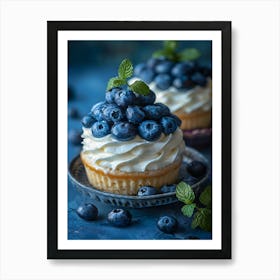 Blueberry Cupcakes On A Blue Background Art Print