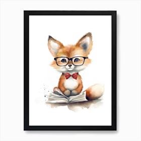 Smart Baby Fox Wearing Glasses Watercolour Illustration 1 Art Print