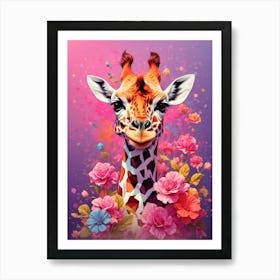 Giraffe With Flowers Art Print