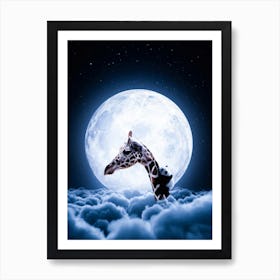 Giraffe And Cute Baby Panda And Full Moon Art Print