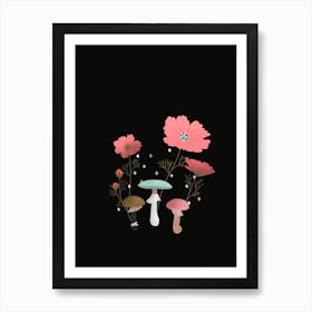 Mushrooms And Flowers Black Background Art Print