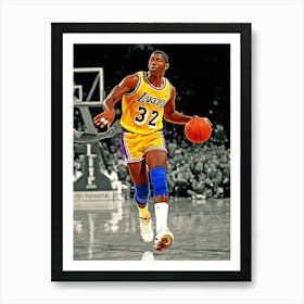 Magic Johnson Of The Los Angeles Lakers Dribble Drives To Th Ebasket During The Nba Game At The Forum Circa 1991 Art Print