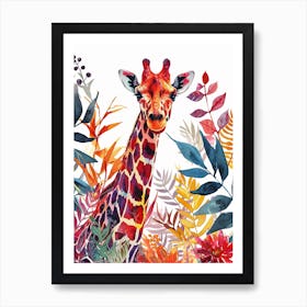 Watercolour Giraffe Head In The Leaves 7 Art Print