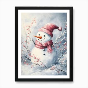 Snowman In Pink Scarf Art Print