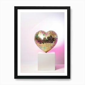 Heart Shaped Disco Ball Gold With Pink Orange Purple Green Sparkles Floating In White Space St Art Print