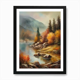 Autumn Lake,Forest Lake, Vintage Oil Painting, Farmhouse Wall Decorations, Antique Landscape, Vintage Landscape Oil Painting.8 5 Art Print