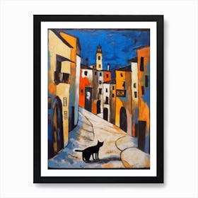 Painting Of Barcelona With A Cat In The Style Of Surrealism, Miro Style 1 Art Print