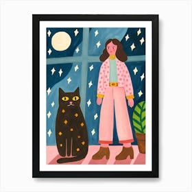 Black Cat and Woman Girl with Fashion Outfit Affiche