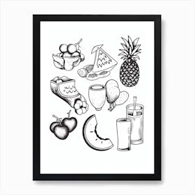 Fruits Collection Black And White Line Art Art Print