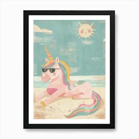 Unicorn Sunbathing On A Beach With The Sun Pastel Storybook Style Art Print