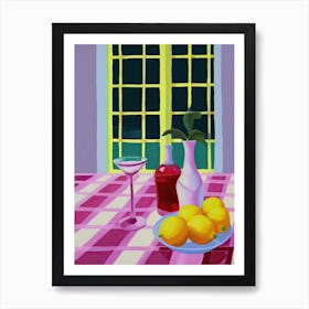 Lemons On Checkered Table, Magenta Tones, Frenchch Riviera In Matisse Style 1 Art Print