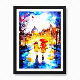 Rainy Day Friends - Two Girls Walking In The Rain Art Print