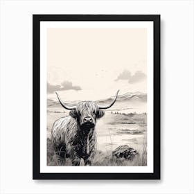 Black & White Illustration Of Highland Cow With Valley In The Distance Art Print
