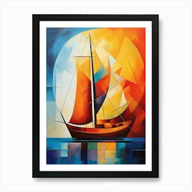 Sailing Boat at Sunset VII, Avant Garde Vibrant Colorful Painting in Cubism Picasso Style Art Print