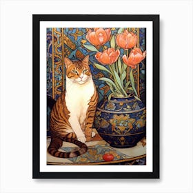 Tulips With A Cat 3 Art Nouveau Style Art Print