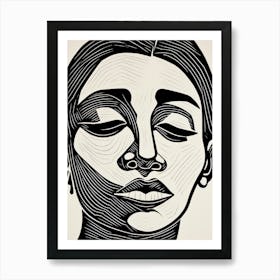 Wavy Lines Linocut Inspired Portrait 3 Art Print