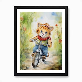 Tiger Illustration Biking Watercolour 3 Art Print