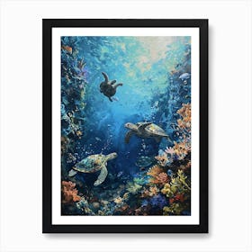 Sea Turtles With A Coral Reef Expressionism Style Painting 1 Art Print
