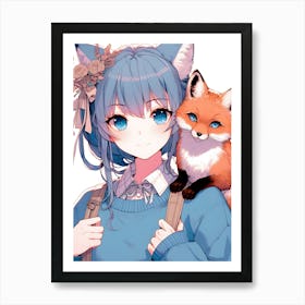 Pretty Anime Girl with Fox 16 Art Print