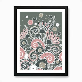 Doodles, Spring Garden, Khaki and pink version Art Print