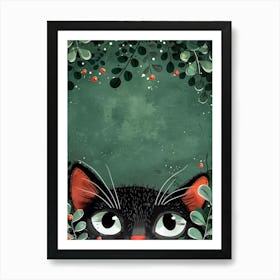 Black Cat With Berries Art Print